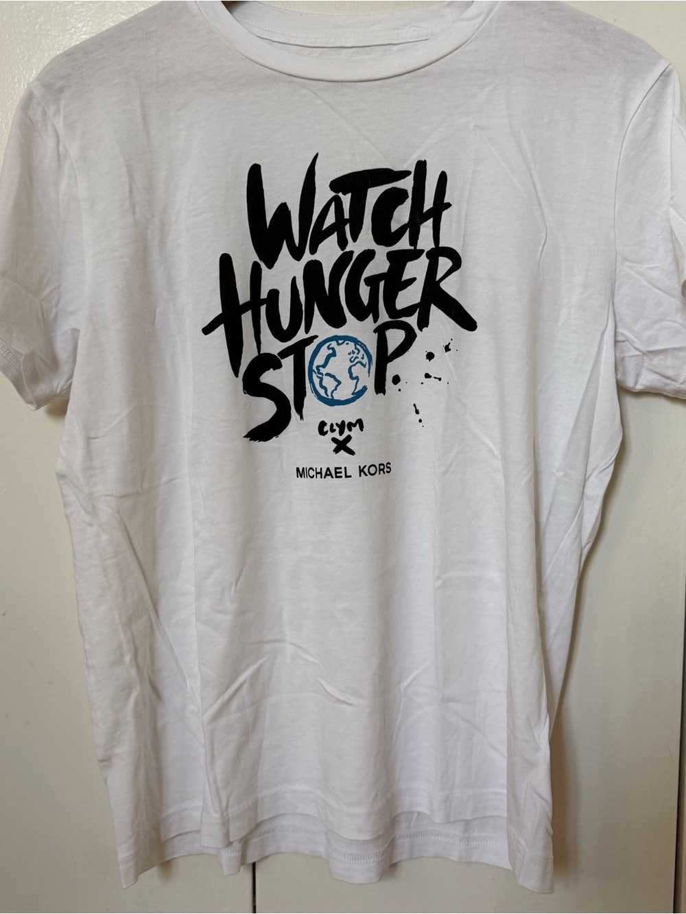 Michael Kors White Graphic Tee with Black Lettering and Blue Globe (love 23)